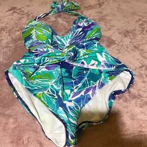Lauren Ralph Lauren Teal, Blue & Green Leaf-Print  One-Piece Swimsuit